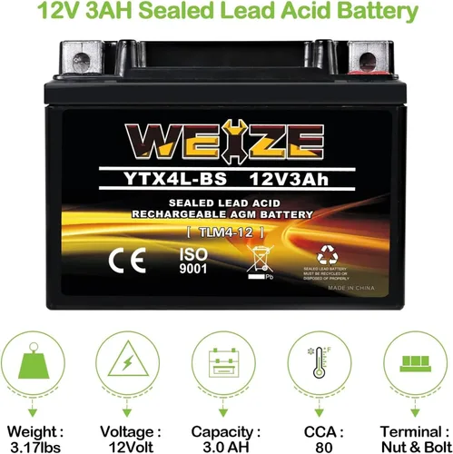 Miniatura 2 de Weize YTX4L-BS - Batería de motocicleta sellada recargable de alto rendimiento compatible con Polaris Scrambler, Sportsman 90, Honda Scooters NQ50