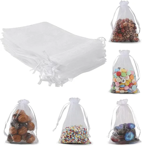 Miniatura 7 de ANZNKU Paquete de 50 bolsas de organza de 5 x 7 pulgadas, pequeñas bolsas de regalo de malla blanca con cordón a granel para recuerdos de fiesta