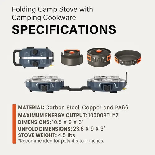 Miniatura 6 de Cofiyard Kit de estufa de propano de 2 quemadores para acampar con utensilios de cocina, estufa de gas propano plegable al aire libre, estufa