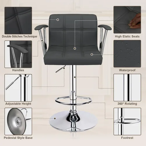 Miniatura 6 de ERGOSEAT Juego de 2 taburetes de bar, taburetes giratorios ajustables con reposabrazos y respaldo, taburetes de bar de altura de mostrador de cuero