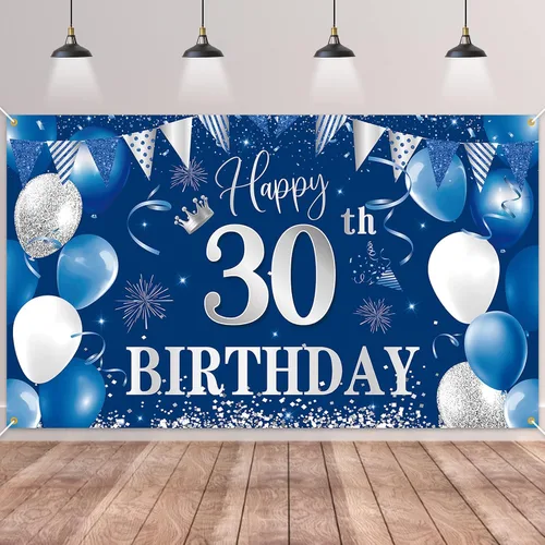 Telón de fondo de pancarta de 30 cumpleaños, decoraciones de feliz cumpleaños de BTZO 30, fondo de fotos de tela azul plateada para hombres y