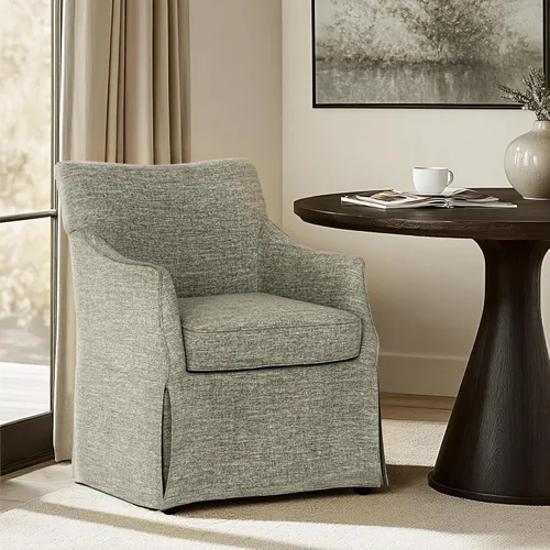 Martha Stewart London - Silla de comedor – Madera maciza y madera contrachapada, sillón con base de metal con faldón, almohada lumbar, muebles de