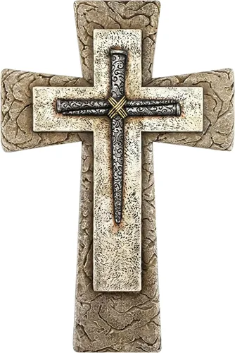 Comfy Hour Cruz de pared de piedra sintética de 12 pulgadas con diseño de uñas, placa religiosa decorativa para oficina en casa cristiana, arte de