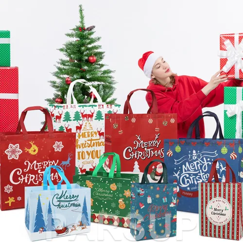 Miniatura 7 de PARSUP 32 bolsas de regalo de Navidad con asas, bolsas de varios tamaños para golosinas, bolsas de Navidad no tejidas para envolver regalos
