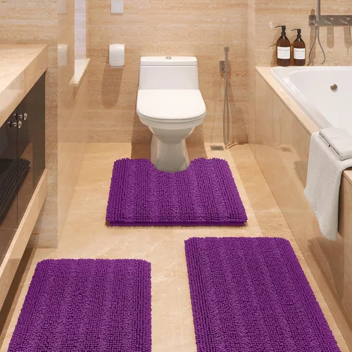 Miniatura 55 de ACCUMTEK - Juego de alfombras de baño a rayas beige de 3 piezas, ultrasuaves, antideslizantes de chenilla, alfombras de baño mullidas y absorbentes