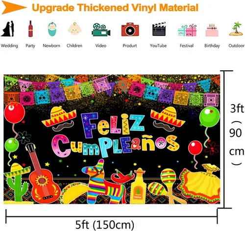 Miniatura 5 de Telón de fondo de fiesta mexicana para fiesta de cumpleaños, decoración colorida de Cinco de Mayo, Taco, carnaval, fotografía, fondo de fiesta