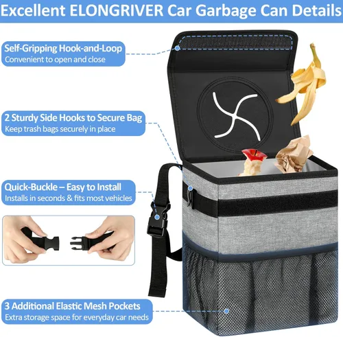 Miniatura 4 de ELONGRIVER - Basurero para asiento trasero o delantero de automóvil, a prueba de fugas, bonita bolsa de basura para vehículos utilitarios Gris