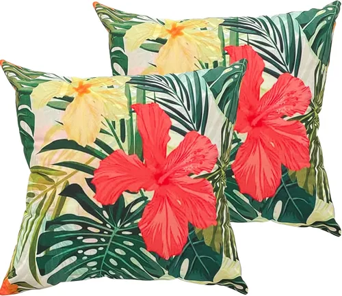 Juego de 2 fundas de almohada de flores de hibisco, cuadradas de 18 x 18 pulgadas, fundas de almohada hawaianas de felpa tropicales, decoración