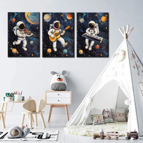 Miniatura 8 de 3 piezas de arte de pared de astronauta espacial musiic lienzo lindo astronauta músico decoración imágenes divertidas piano guitarra violín carteles
