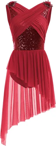 AFAVOM Disfraz de baile lírico para mujer, vestido de lentejuelas con flores, falda asimétrica de tul fluida, disfraces de danza contemporánea
