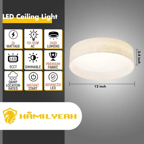 Miniatura 2 de Hamilyeah Lámpara de techo de montaje empotrado de 24W, lámpara de techo LED regulable con pantalla de tela beige de 5CCT, lámpara de techo