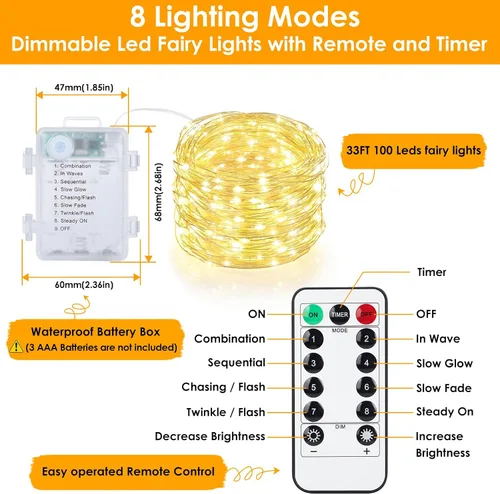 Miniatura 5 de Mlambert Paquete de 3 luces de hadas de 33 pies, funciona con pilas con control remoto y temporizador, impermeable, regulable, 8 modos, 100 luces