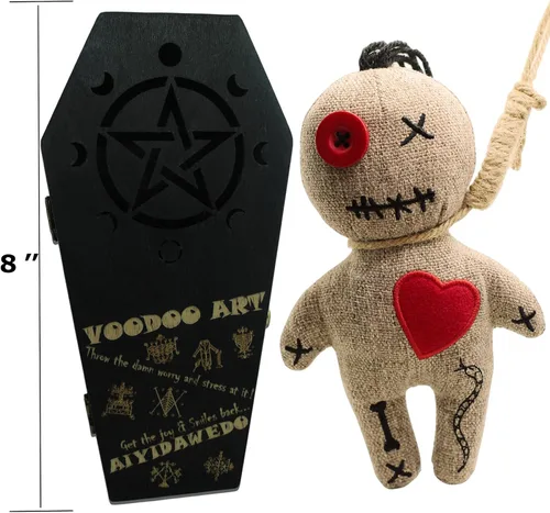 Miniatura 5 de Ayidawedo® Kit auténtico de muñeca vudú LOA incluye cartas de hechizos y alfileres para aliviar el estrés en caja de ataúd de madera - Juego