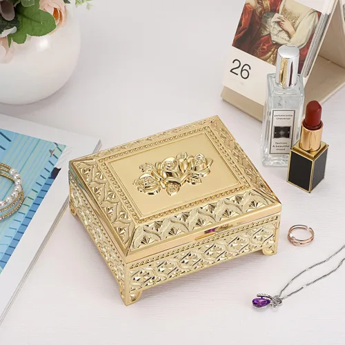 Miniatura 2 de Hipiwe Caja de joyería de metal vintage, caja de almacenamiento de baratijas, caja rectangular para cofre del tesoro, aretes, anillo, collar