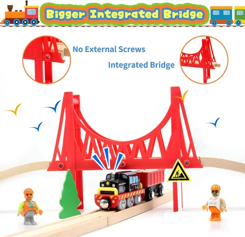 Miniatura 6 de WOOD CITY Juego de tren de madera, 56 piezas de lujo para niños de 2, 3, 4, 5 años, pista de tren temática de carga con grúa torre y puente