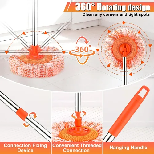 Miniatura 4 de Trapeador de limpieza ajustable de 61 pulgadas, trapeadores giratorios de 360° para limpieza de suelos con 4 cabezales reutilizables, 2 telas
