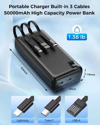Miniatura 3 de Cargador Portátil Power Bank 50,000 mAh Cargador Portátil para Teléfono, Powerbank de Carga Rápida PD 22.5W, Cable Integrado, 5 Salidas 3 Entradas