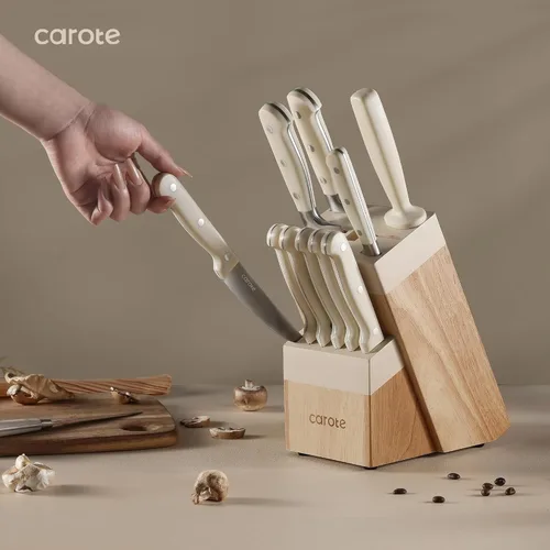 Miniatura 6 de CAROTE Juego de cuchillos de 14 piezas con bloque, forjado, acero inoxidable de alto carbono, juego de cuchillos de bloque de hoja afilada
