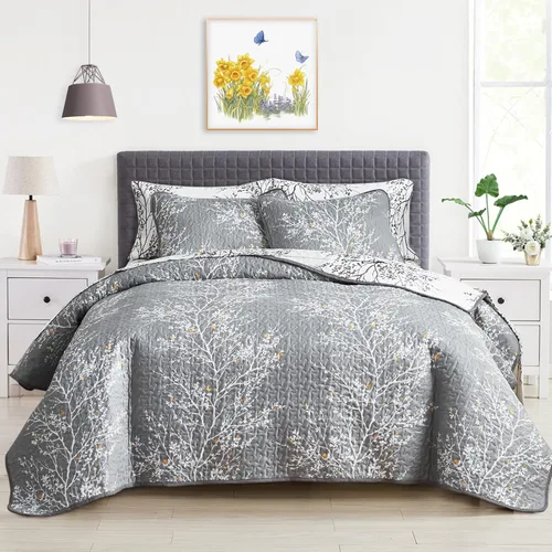 Miniatura 12 de Juego de edredón reversible de 3 piezas, cuadriculado blanco y gris, tamaño king 102 x 88 pulgadas, suave microfibra ligera, colcha de verano