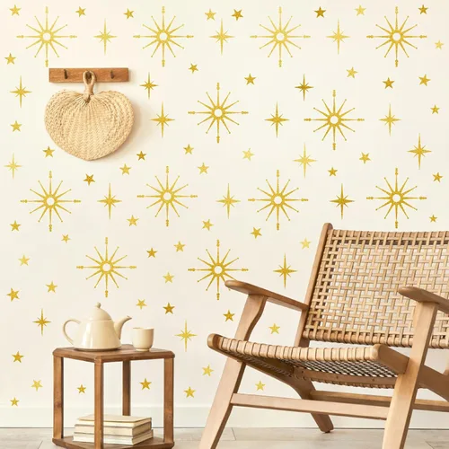 Miniatura 6 de Calcomanías de pared con estrella dorada, diseño retro de explosión de estrellas, calcomanías para dormitorio, sala de estar, decoración de techo