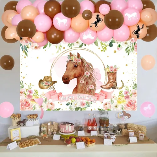 Miniatura 6 de Decoración para fiesta de vaquera occidental, fondo de fotos de caballo de carreras con flores rosas y kit de arco de guirnalda de globos