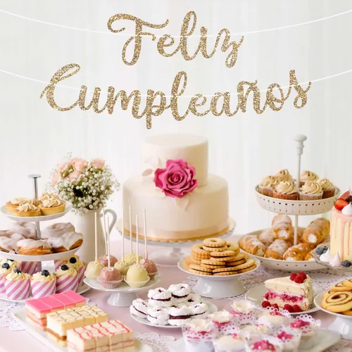 Miniatura 7 de Cartel de Feliz Cumpleaños pre-encordado – No DIY – Cartel español de fiesta de feliz cumpleaños con purpurina dorada – Guirnalda de guión