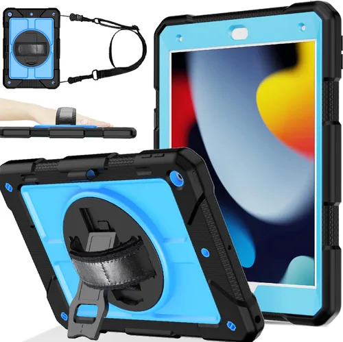 Miniatura 13 de BMOUO Funda para iPad de 9ª/8ª/7ª generación de 10.2", a prueba de golpes con soporte giratorio de 360°, correa de hombro y mano, funda para iPad
