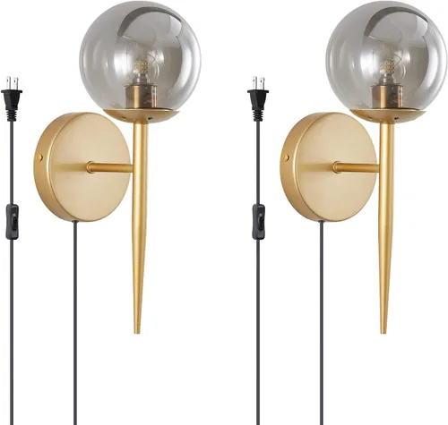 Miniatura 11 de BOKT Juego de 2 apliques de pared dorados cepillados, con cable enchufable, moderno de mediados de siglo, apliques de pared con forma de globo