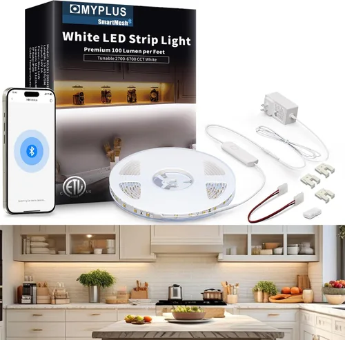 MYPLUS Luces LED para debajo del gabinete, tira de luces LED de 16.4 pies, temperatura de color ajustable y 1123 lúmenes, regulable, 14 W, 24 V