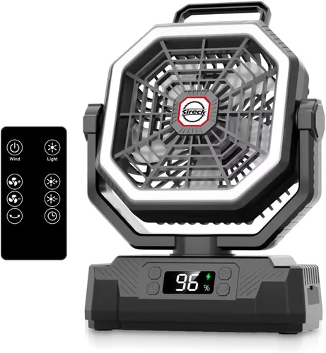 Sireck Ventilador de campamento de 40000 mAh, ventilador personal portátil de 10 pulgadas con control remoto, linterna LED, 5 velocidades, Negro-10