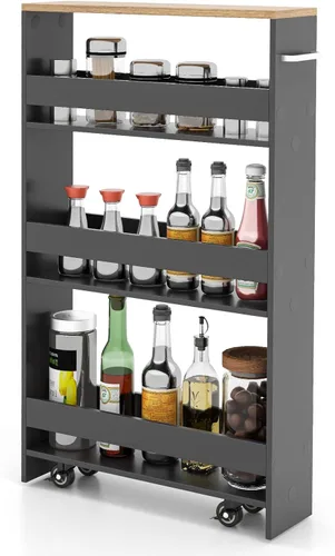 Miniatura 10 de LOKO Carrito de almacenamiento delgado, carrito rodante de 4 niveles con asa y parte superior de madera para cocina, baño, lavandería, sala de negro