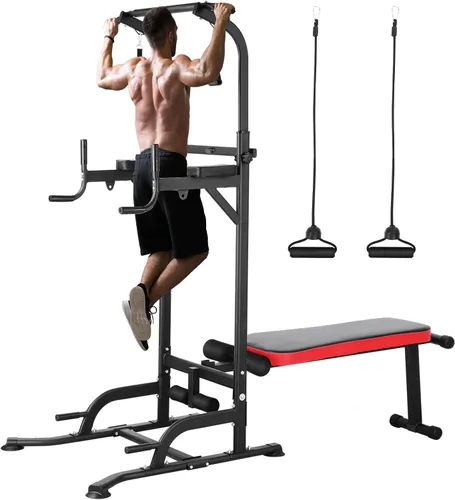 Arlopu Torre de Potencia con Banco, Soporte de Barra de Dominadas, Barra de Fondos con Banco Plegable, 4 Cuerdas Entrenamiento de Fuerza, Equipo de