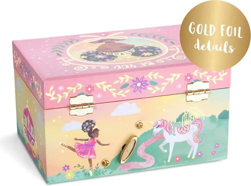 Miniatura 3 de Jewelkeeper Joyero musical para niña con bailarina negra diseño de pequeña reina con lámina dorada melodía de lago cisne
