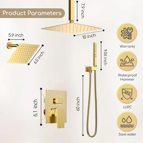 Miniatura 6 de Sistema de ducha dorado cepillado, grifo de ducha de cinco funciones, perilla desviadora de lluvia con 2 en 1 de mano, montaje de techo de 10