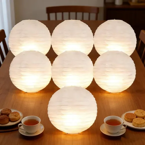 Miniatura 8 de 6 linternas de papel blancas con luces LED, linterna redonda de 12 pulgadas, lámpara de papel colgante para cumpleaños, boda, Navidad, novia
