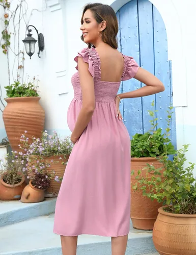 Miniatura 3 de BeautyNee Vestido de maternidad para mujer para sesión de fotos, baby shower, con tirantes delgados, manga y cuello cuadrado, vestido maxi bohemio