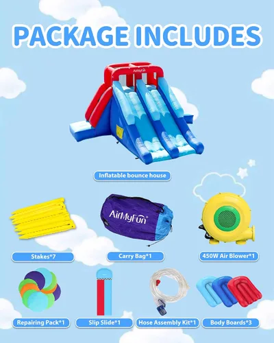 Miniatura 5 de AirMyFun Casa inflable de dinosaurio, tobogán acuático inflable de 2 toboganes para niños con pared de escalada, pozo de pelotas y portería