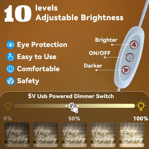 Miniatura 4 de Letreros de neón de feliz cumpleaños para decoración de fiesta, luz LED de neón regulable para decoración de pared, letreros LED de feliz cumpleaños