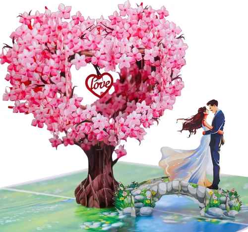 Miniatura 13 de Tarjetas de aniversario desplegables, flores de cerezo en 3D y pareja enamorada, San Valentín, tarjetas de boda para esposa, marido, ella, él