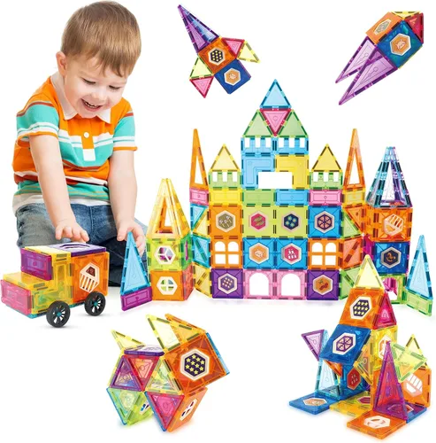 Miniatura 10 de Contixo Juguetes de construcción STEM – Juego de 65 piezas de azulejos magnéticos de mármol 3D para aprendizaje, apilables, juego de bloques