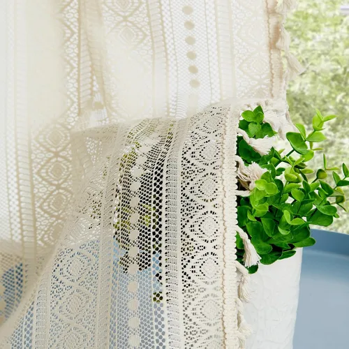 Miniatura 3 de Amzdecor Cortinas bohemias con borlas de encaje beige para dormitorio, sala de estar, lino texturizado elegante, patrón geométrico rústico