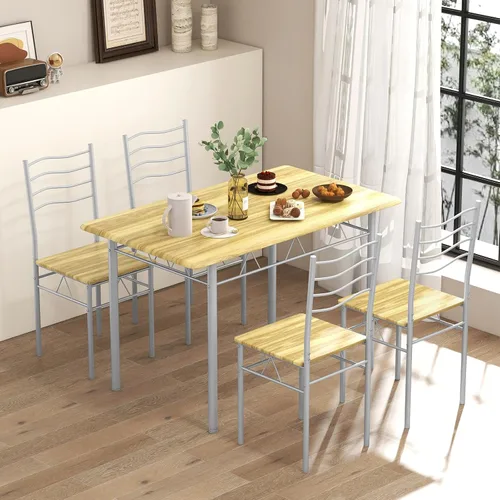 Miniatura 2 de COSTWAY Juego de 4 sillas de mesa de cocina, 5 piezas rectangulares de metal con almohadilla antideslizante, diseño que ahorra espacio, juego Nogal