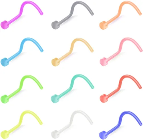 Miniatura 9 de ZS 12 piezas 20G Anillos retenedor de nariz flexibles Bioflex coloridos, aretes de nariz transparentes y flexibles de bioplástico para perforación