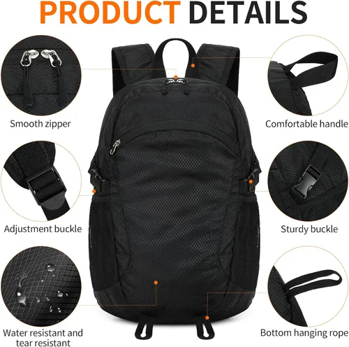 Miniatura 5 de Mochila pequeña de senderismo para viajes, ligera, plegable, mochila de día resistente al agua, mochilas plegables de 15L para viajes, mujeres, Negro
