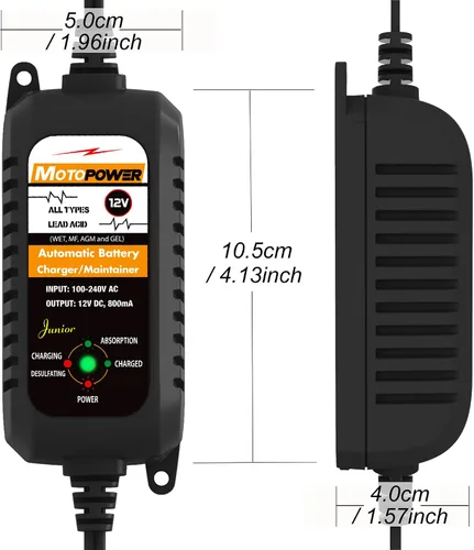 Miniatura 11 de MOTOPOWER MP00205A Cargador de batería automático de 12 V 800 mA, mantenedor de batería, cargador de goteo y desulfatador de batería, paquete de 2