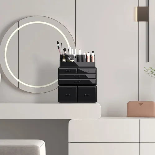 Miniatura 4 de READAEER Organizador de maquillaje 3 piezas Estuche de almacenamiento de cosméticos con 6 cajones (negro)