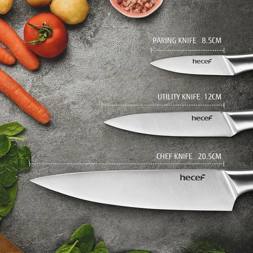 Miniatura 3 de hecef Juego de cuchillos de cocina plateado de 3 piezas, hoja con acabado satinado con mango hueco, incluye cuchillo de chef de 20 cm, cuchillo