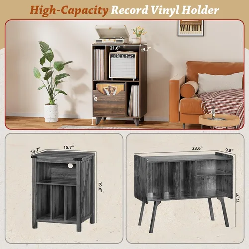 Miniatura 6 de Bikoney Soporte moderno para tocadiscos de mediados de siglo con cajón de almacenamiento de vinilo, mesa auxiliar de madera para todos