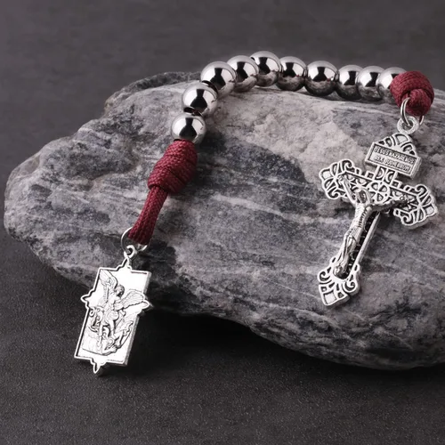 Miniatura 24 de Rosario de bolsillo estilo abierto una década de acero inoxidable rosario católico con crucifijo medalla de San Benito con bolsa de regalo