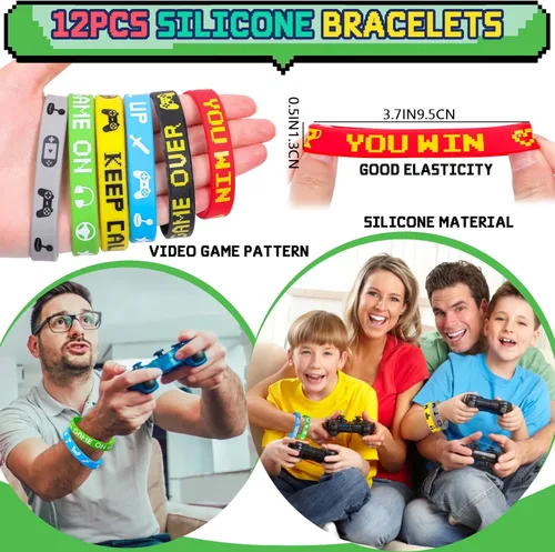 Miniatura 3 de Winrayk 12 juegos de regalos de fiesta de videojuegos, suministros de cumpleaños para jugadores, bolsa con cordón para juegos, pulsera de silicona